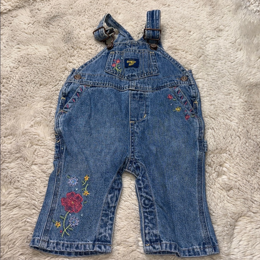 🍄3/6m VTG 80s OshKosh B'gosh Blue Denim embroidered girls Overalls green label
